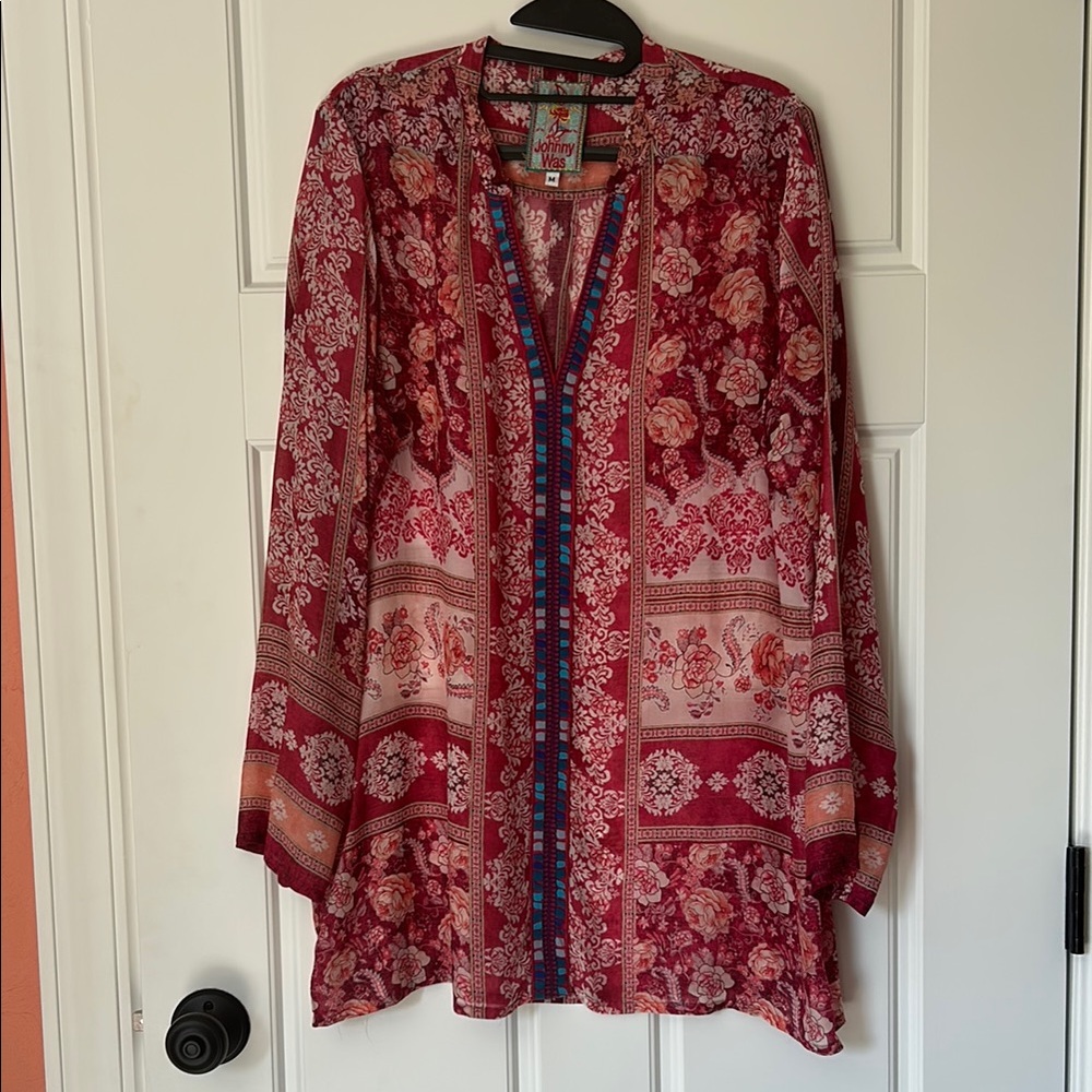 Johnny Was Red Floral Blouse with Blue Accents